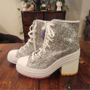 Silver and White Lace Up Boots
